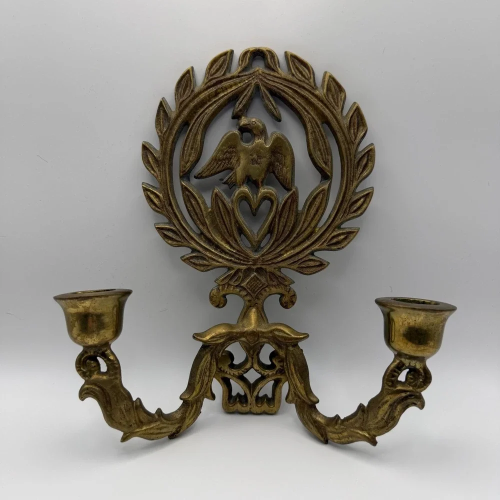 Vintage Brass Eagle Wall Sconce Federal Style Double Taper Candle Holder Heart